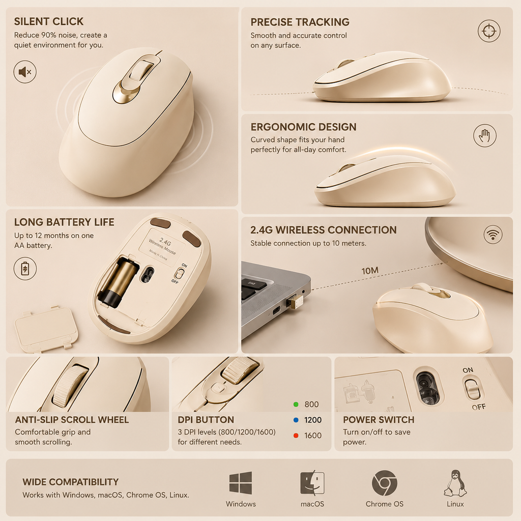 Creamy Beige Wireless Office Mouse
